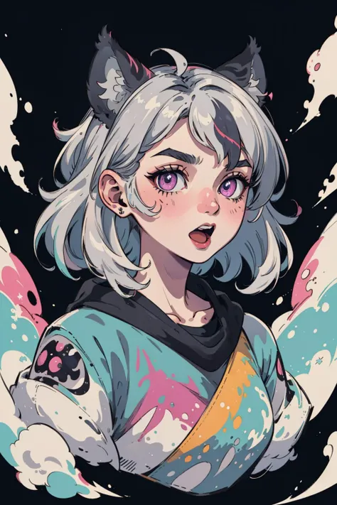 (masterpiece:1), (best quality:1), 1girl, pretty face, solo, (excited:1.21), demon eyes, pov, open mouth, (impressed), grey hair, two side up, cropped_torso, tiger ears, fluff, (multicolored hair), hair tubes, white, (airbrush art:1.3)