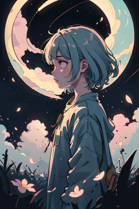 1girl, (from side), (silhouette:1.2), profile, masterpiece, best quality, light particle, depth of field, field, scenery, fantasy, yellow light, (far away:1.1), cute, pastel colors, chromatic aberration abuse, glow in the dark dark ,cloudy sky, space, violet aura, aura, cinematic, dark atmosphere, night , dark hole, glowing eyes, red light, illumination, light rays, eye in the sky, (grass:0.9), falling petals