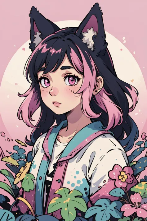(masterpiece:1.0), (highest quality:1.12), (HDR:1.0), 1girl, solo, flat colors, colorful, animal ear fluff, solo, plants, (pink), gradient background, smooth lighting, (splash art:0.8), portrait, (upper body:0.85), (random:1.4)