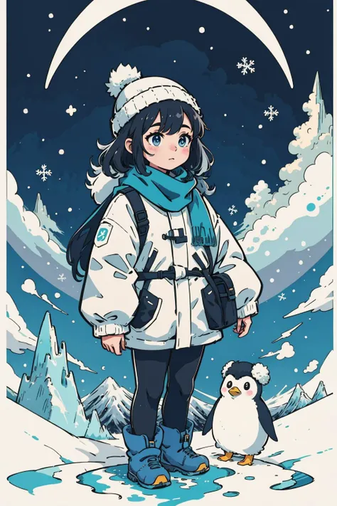 a picture of a cute fluffy anime penguin, black outline, thick outlines, masterpiece, extreme quality, anime wallpaper, screencap, cg, hyper focus, good detail, tundra, wearing a scarf, winter hat, (no humans), snow on ground, clear sky, gradient sky, outdoors, ocean, glacier, mountain, arctic, high contrast, (adorable), (anime), graphic, art, exceptional, top tier, award winning, pictograph, trending on art station, vector art