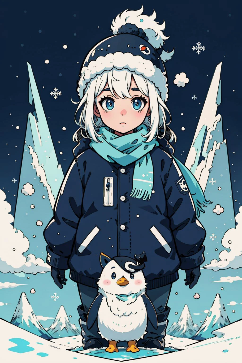 a picture of a cute fluffy anime penguin, black outline, thick outlines, masterpiece, extreme quality, anime wallpaper, screencap, cg, hyper focus, good detail, tundra, wearing a scarf, winter hat, (no humans), snow on ground, clear sky, gradient sky, outdoors, ocean, glacier, mountain, arctic, high contrast, (adorable), (anime), graphic, art, exceptional, top tier, award winning, pictograph, trending on art station, vector art