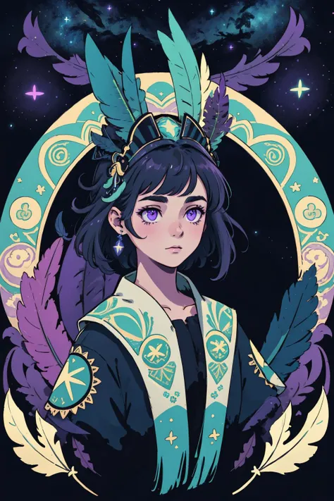 highest quality, 8k, UHD, extreme resolution, masterpiece, tribal headdress, glowing feathers, 1girl, best color, blue and green and purple, feathers, starry sky, dark theme, caustics, (silhouette:1.2), portrait, glowing eyes,