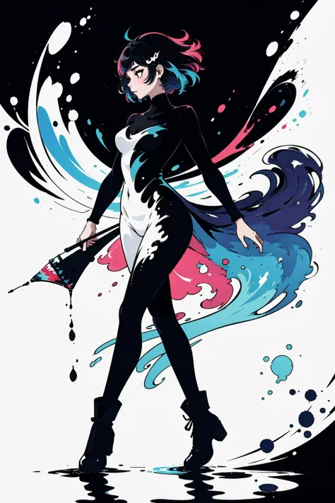 a fine color ink lineart sketching of a woman silhouette with a glossy shiny outline vibrant colors (reflective) [volumetric] splash of paint, colorful, best quality, elegant, sharp clear art
