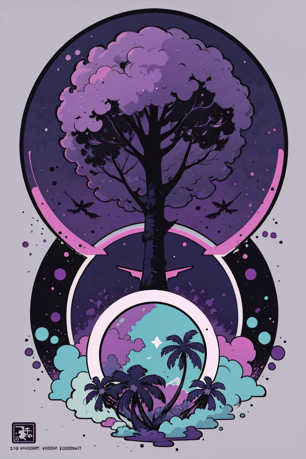 masterpiece, best quality, ultra high res, a palm tree, flat icon, logo, graphic design, circle, beautiful, visually stunning, elegant, incredible details, award-winning painting, high contrast, vector art, line art, splatter, flat color, color merge gradient, tropical, (dark violet theme:1.2), n3on, glowing, neon, airy, purple , detailed, realistic, 8k uhd, high quality