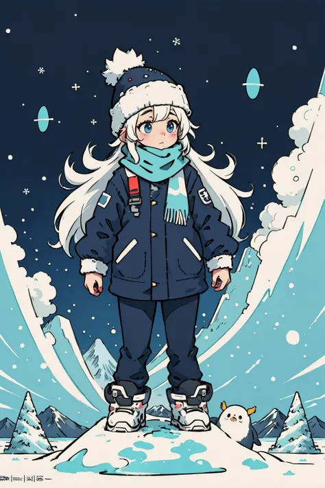a picture of a cute fluffy anime penguin, black outline, thick outlines, masterpiece, extreme quality, anime wallpaper, screencap, cg, hyper focus, good detail, tundra, wearing a scarf, winter hat, (no humans), snow on ground, clear sky, gradient sky, outdoors, ocean, glacier, mountain, arctic, high contrast, (adorable), (anime), graphic, art, exceptional, top tier, award winning, pictograph, trending on art station, vector art