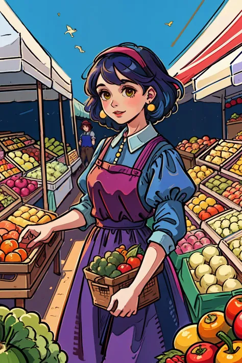 2d, lineart, (style of Dorothy Johnstone :1.25), A vibrant farmer's market, bustling with people and colorful produce