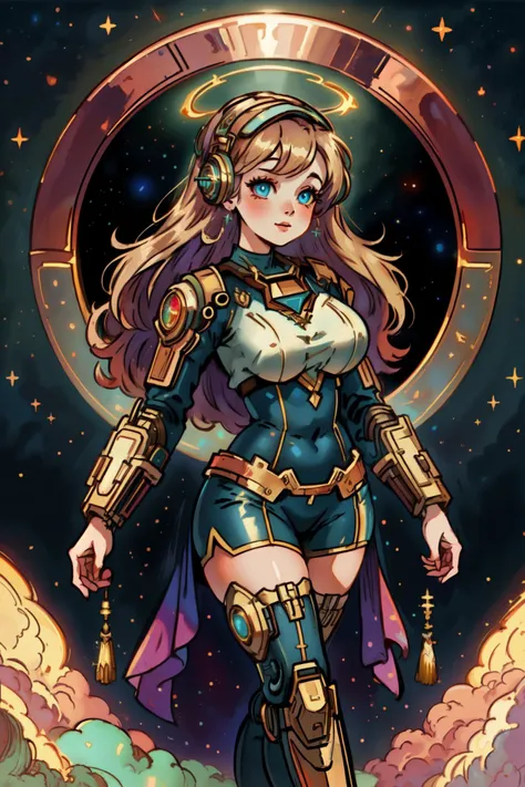 2d, lineart, style by L. Birge Harrison, (colorful:1.1), pinup \(style\), pinup girl, feminine (adult french:1.2) woman, ruby eyes, copper long hair, detailed background <lora:BlessedTech:0.6>, blessed, scifi, blessedtech