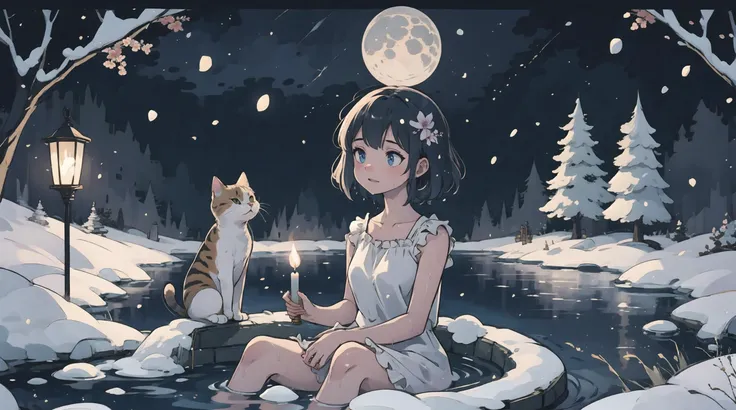 1girl,solo,full body,onsen,outdoors,snowing,(moon:0.9),<lora:neg4all_bdsqlsz_V3.5>,<lora:vectorer>,wet clothes,river lamp,wet dress,candle,hpflower,(nsfw:0.5),clothed bath,colorful,dreamy,cat