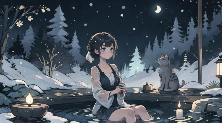 1girl,(solo:1.3),full body,(onsen:1.3),outdoors,snowing,moon,<lora:neg4all_bdsqlsz_V3.5>,<lora:vectorer>,wet clothes,river lamp,wet dress,candle,hpflower,(nsfw:0.8),clothed bath,colorful,cat,dreamy,lotus