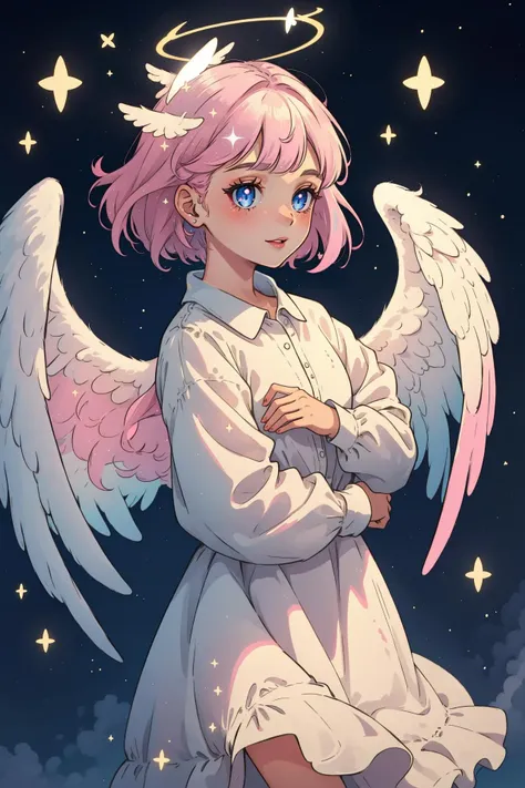 high quality, 1girl, angel, angel wings, halo, sunlight, sparkles, white, pink,