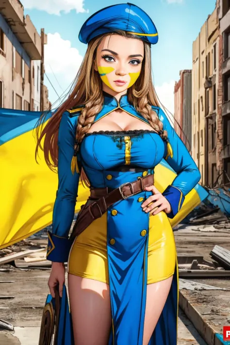 a sfw beautiful S020_XeniaCrushova with her half yellow and blue ukranian flag in a military outfit (painted face:1.1) <lora:ukranianStandardV1:1> in ruins of war <lora:ukrainelorav1:0.4>
