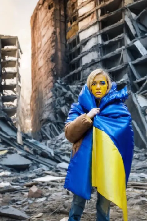 a blonde woman outside in a coat with her half yellow and blue ukranian flag (painted face:1.1) <lora:ukranianStandardV1:1> in ruins of (war:1.2) <lora:ukrainelorav1:1>