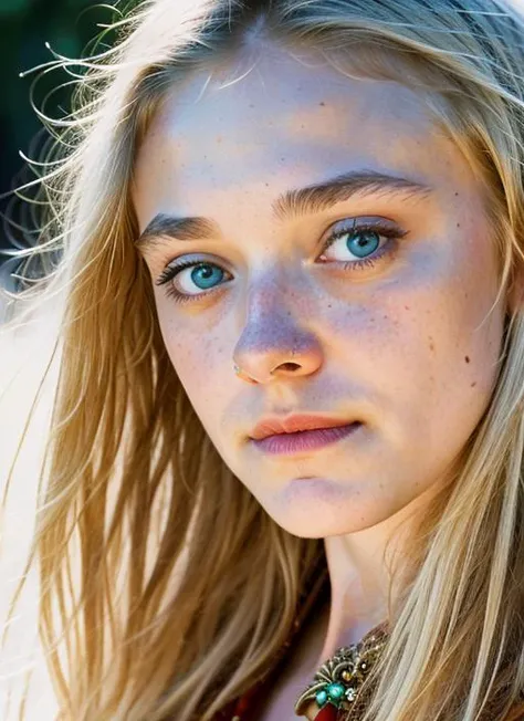 1 girl, 17years, blonde, Wavy hair, Icelandic, bright skin, Blue eyes, high, slim, in Iceland in nature, freckles, looks at the viewer, high quality, Dressed in a blue shirt and jeans