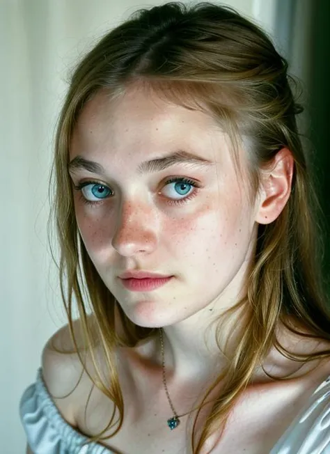 1girl, idol, close-up, collarbone,  ,, photo, film, depth of field, skin texture, t-shirt, rubber band, topknot, long hair, messy hair, freckles,