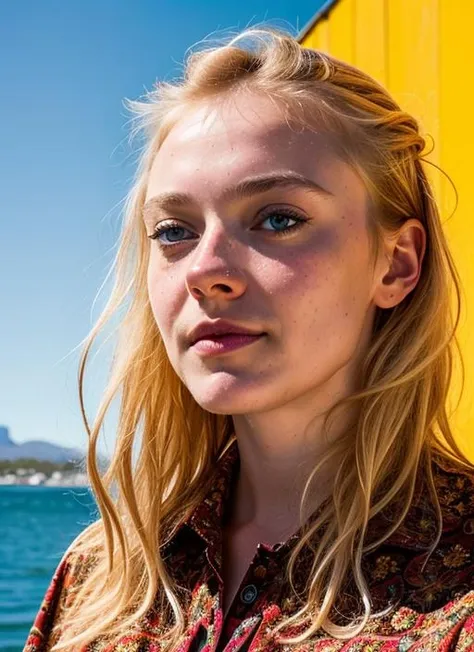 portrait of sks woman in Cape Town, at the V&A Waterfront, by Flora Borsi, style by Flora Borsi, bold, bright colours, ((Flora Borsi)), by Jimmy Nelson, <lora:lora-small-dakota-fanning-v1:1>