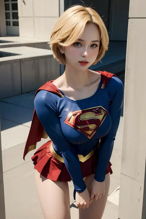 (masterpiece), best quality, expressive eyes, Beautiful woman with short hair defined body big breasts, big thighs wearing a Supergirl cosplay <lora:hannah_kmz-02:1>