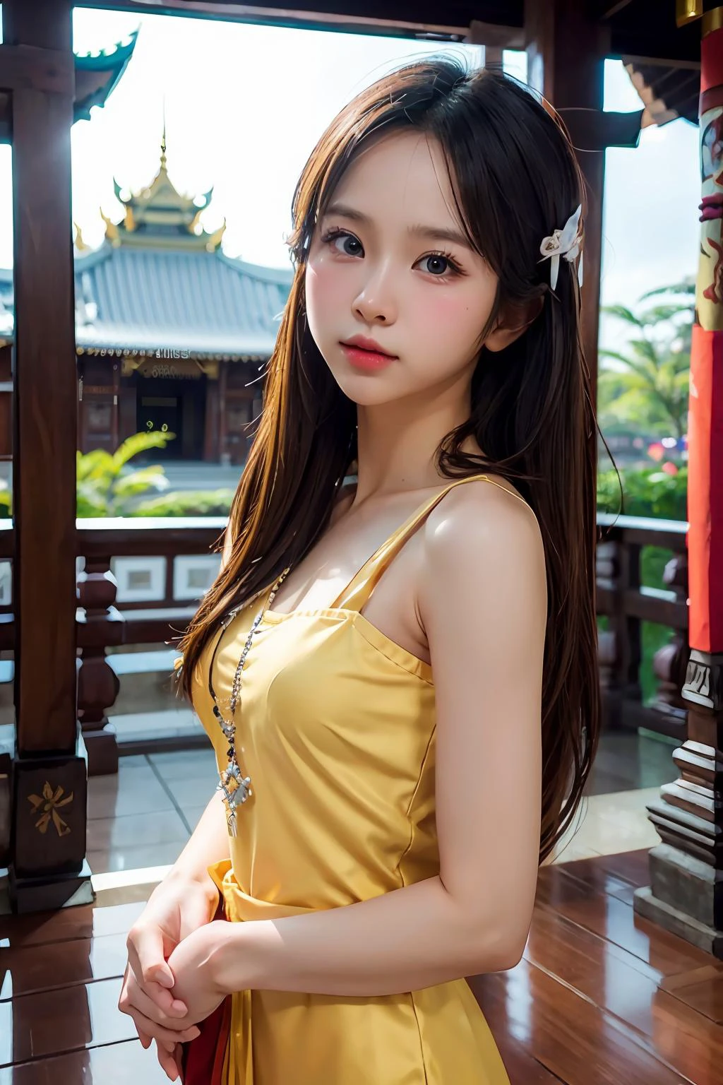 1girl, long hair, Thai dress,, (temple background:1.2), from front, standing, (soft lighting:1.2), shot on Canon EOS 5D, BREAK
(upper body:1.2), , best quality, ultra high res, (photorealistic:1.4), masterpiece, real-life skin, hyper-real, perspective, detailed beautiful eyes and detailed face, <lora:hannah_kmz-02:1>