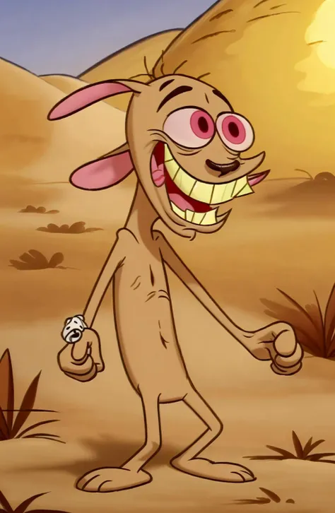 <lora:Ren__Stimpy-000014:1>, <lora:boldline:0.2>, ren, solo, small cartoon dog, upper body, solo, 2d animation, pointing, in the desert, big eyes, teeth