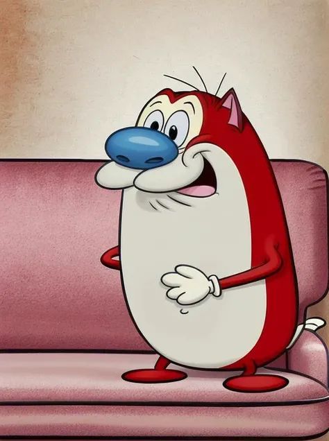 stimpy, cartoon cat, solo, red and white, on a couch, flat colours, 2d animation <lora:Ren__Stimpy-000014:0.9>