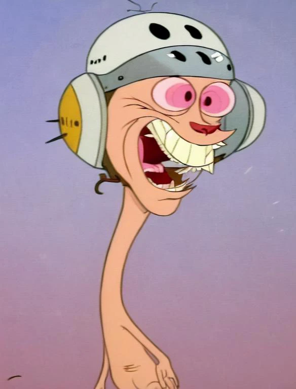 ren, upper body, cartoon dog, joy, crazy, teeth, laugh, wearing happyhelmet (profiles:0.2) <lora:Ren__Stimpy-000012:1>
