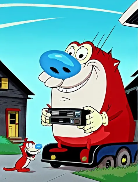stimpy, solo, cartoon cat, blue nose, red and white, smile, in a yard with caravan, cell shading, flat colours, vhs screenshot, thick outlines <lora:Ren__Stimpy-000014:0.9>