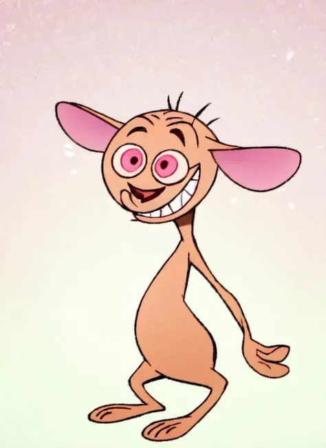 (ren:1.0), (short cartoon dog:0.2), big eyes, 1 ear, short, laugh <lora:Ren__Stimpy-000014:1>, sfw