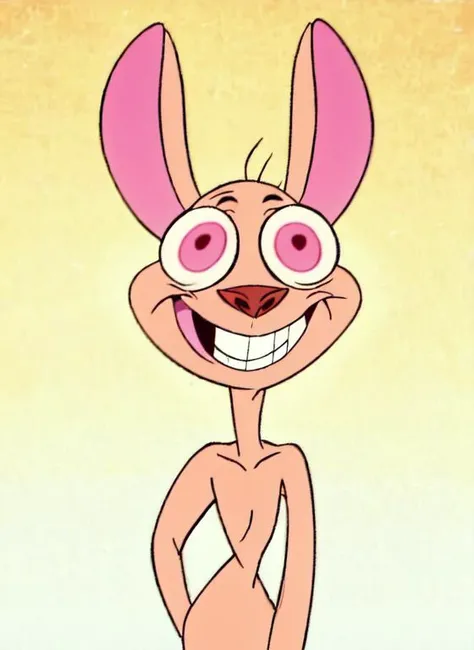 (ren:1), (small cartoon dog:0.3), flat colours, 2d cartoon, big eyes, confused, squinting, in a livingroom,