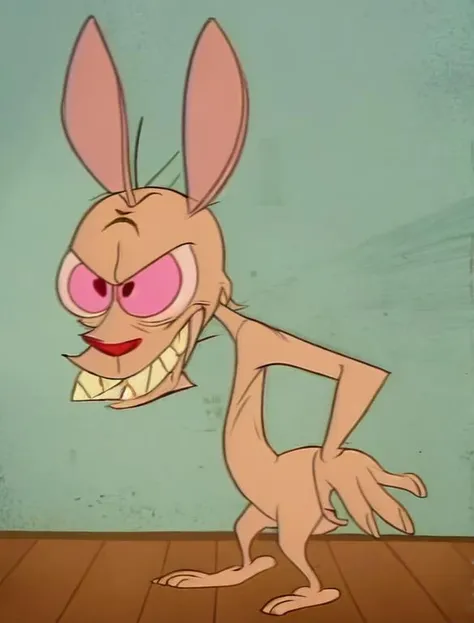 ren, cartoon dog, rabbit ears, angry, clenched teeth, in a room, <lora:Ren__Stimpy-000010:1>