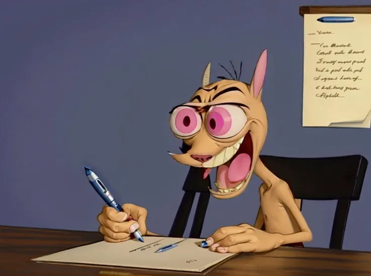 <lora:Ren__Stimpy-000014:1> solo, ren, cartoon dog, big eyes, angry, holding a pen sitting at a desk, writing a letter, <lora:add_detail:0.5>, <lora:boldline:-0.2>, <lora:noline:0.3>, 1girl, solo,