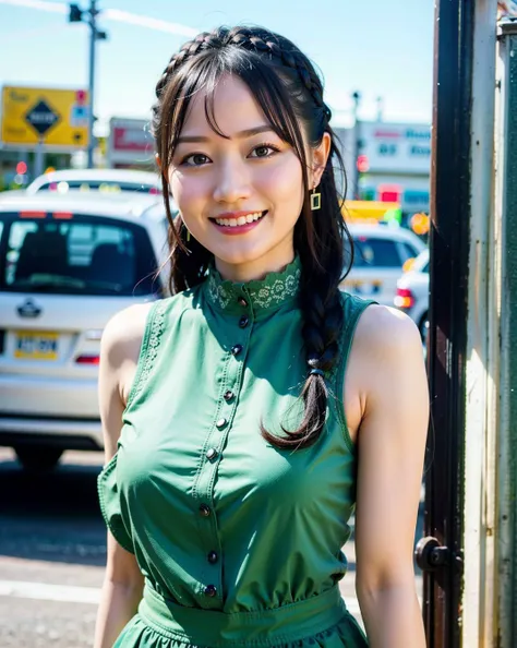 a woman posing on the street corner with green dress on, best quality, high res, 8k, 1girl, (huge breasts), day, bright, outdoor, (street:0.8), (people, crowds:1), (lace-trimmed dress:1.5, green clothes:1.5, yellow high-neck dress:1.5, sleeveless dress, green: 1.5), gorgeous, (braided hair), beautiful detailed sky, beautiful earrings, (dynamic pose:0.8), (upper body:1.2), soft lighting, wind, shiny skin, looking at viewer, smile,(open mouth), <lora:VA_ogurayui_v1.0:0.65>