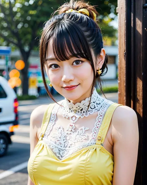 a woman posing on the street corner with yellow dress on, best quality, high res, 8k, 1girl, (huge breasts), day, bright, outdoor, (street:0.8), (people, crowds:1), (lace-trimmed dress:1.5, yellow clothes:1.5, yellow high-neck dress:1.5, sleeveless dress, yellow dress: 1.5), gorgeous, (forehead, medium hair, ponytail), beautiful detailed sky, beautiful earrings, (dynamic pose:0.8), (upper body:1.2), soft lighting, wind, shiny skin, looking at viewer, smile,(closed mouth:1.5),  <lora:VA_ogurayui_v1.0:0.65>