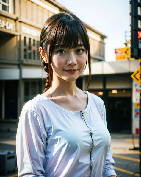 a red hair woman posing on the street corner with white shirt on, best quality, high res, 8k, 1girl, (huge breasts), day, bright, outdoor, (street:0.8), (people, crowds:1), (white clothes:1.5, white shirt), gorgeous, (yellow eyes, red hair:1.5),(bangs, braided hair), beautiful detailed sky, beautiful earrings, soft lighting, wind, shiny skin, looking at viewer, smile,(closed mouth:1.5), <lora:VA_ogurayui_v1.0:0.6>, <lora:makimaChainsawMan_1:0.65>