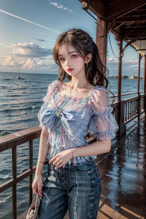 best quality,[masterpiece],((beautiful:0.75) cute girl:0.75),Professional,photo_(medium),ultra-fine painting,1girl,(long hair:1.4),outdoors,(front:1.3),(standing:1.3),seaside,cloudy sky,(cowboy_shot:1.2),braid,
<lora:add_detail:1>,<lora:Sweet girl clothes7:0.75> Sweet girl clothes7,