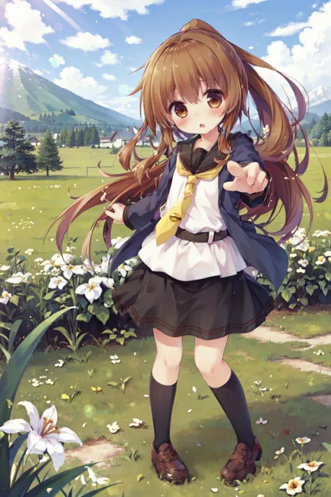 (masterpiece), (best quality), (ultra-detailed), photorealistic, (best illustration), ((an extremely delicate and beautiful)), 1girl, solo, ((fumikaini)), full body, black sailor collar, blue jacket, white shirt, yellow neckerchief, crescent tie clip, very long hair, ponytail, smile, flat chest, detailed scenery, sunlight, horizon, mountain, grass, belt, black skirt, <lora:fumizuki_nai_3-04:0.8:lbw=ALL> :o, (chestnut mouth), pointing at viewer, brown eyes, pointing, loafers, kneehighs, black legwear, standing, black wrist cuffs, finely detailed iris