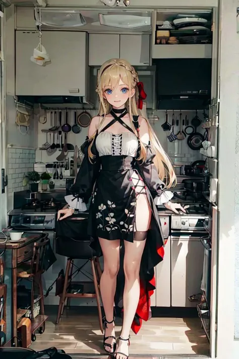 <lora:JAPAN_kitchen_SD15_V1:1> shs kitchen, JPkitchen, scenery, table, chair, sink, kitchen, plant, indoors, window, refrigerator, frying pan, bottle, shelf, spatula, door, basket, plate, cup, stool, wooden floor, curtains,, ultra detailed, masterpiece, best quality, aesthetic, detailed,, solo, soft smile, light smile,
1girl, blue eyes, very long hair, blonde hair, long blonde hair, french braid, bangs, medium breasts,, hair ribbon, frilled choker, criss-cross halter, sleeveless dress, high-waist skirt, backless dress, waist bow, detached sleeves, frilled sleeves, wide sleeves, pantyhose, patterned legwear, mary janes,