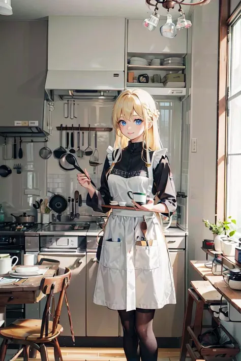 <lora:JAPAN_kitchen_SD15_V1:0.7> shs kitchen, JPkitchen, scenery, table, chair, sink, kitchen, plant, indoors, window, refrigerator, frying pan, bottle, shelf, spatula, door, basket, plate, cup, stool, wooden floor, curtains, (apron, frilled apron:1.3), cooking,, ultra detailed, masterpiece, best quality, aesthetic, detailed,, solo, soft smile, light smile,
1girl, blue eyes, very long hair, blonde hair, long blonde hair, french braid, bangs, medium breasts,