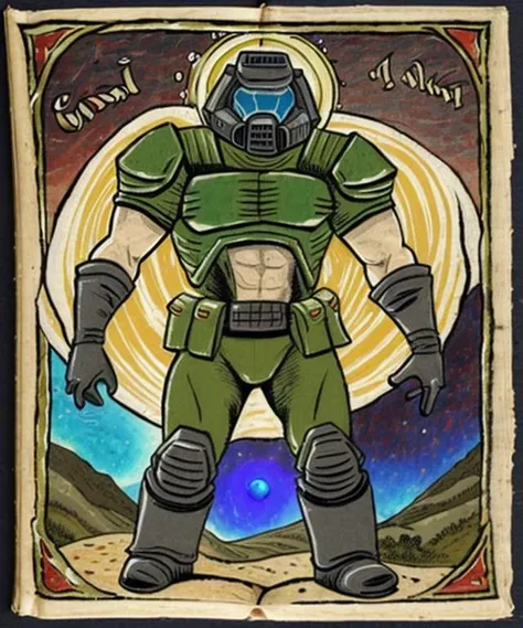 medium shot of a godlike doomguy coming from a hill with a aura around him by (bestiary_style:1.1), book cover, ancient text
 <lora:doomguy:0.8> <lora:bestiary_style:1>