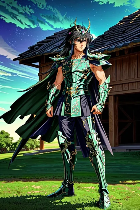 <lora:xxshiryudragonxx_v1:1> xxshiryudragonxx
masterpiece, highly detailed photorealistic 8k raw photo, best cinematic quality, volumetric lighting and shadows
1boy, armor, black hair, brown eyes, collarbone, full body, green background, long hair, male focus, simple background, solo, standing, dragon in the background
(barn background:1.2)