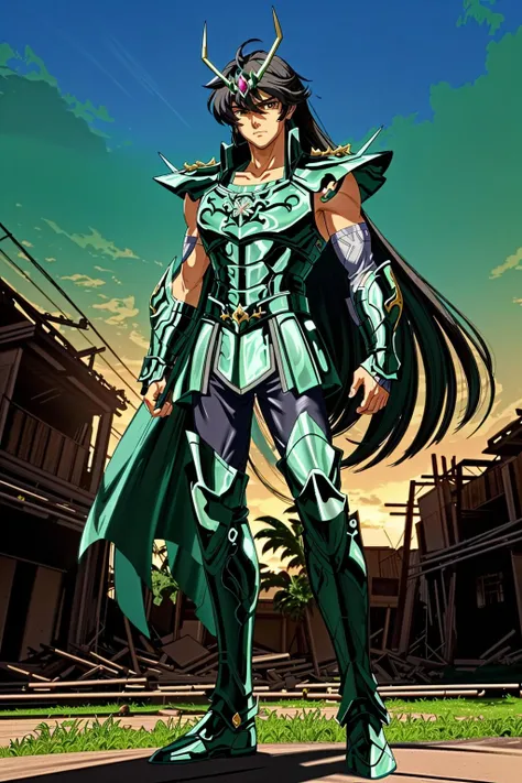 <lora:xxshiryudragonxx_v1:1> xxshiryudragonxx
masterpiece, highly detailed photorealistic 8k raw photo, best cinematic quality, volumetric lighting and shadows
1boy, armor, black hair, brown eyes, collarbone, full body, green background, long hair, male focus, simple background, solo, standing, dragon in the background
(slums background:1.2)