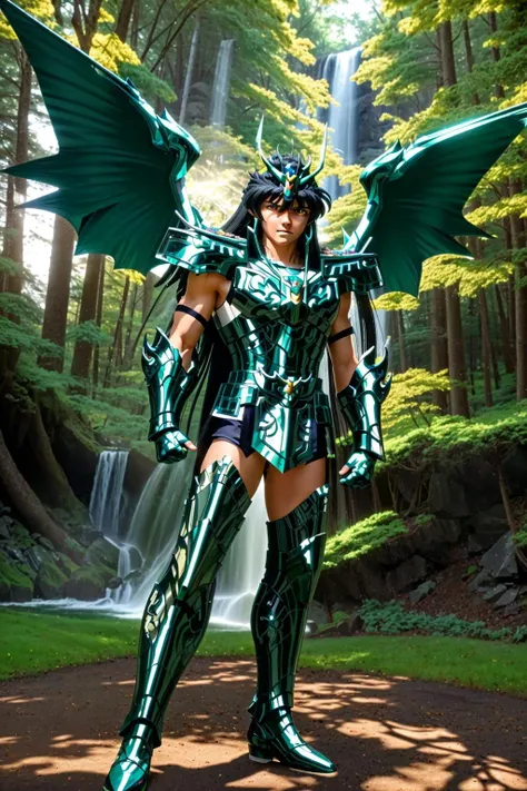 <lora:xxshiryudragonxx_v1:1> xxshiryudragonxx
masterpiece, highly detailed photorealistic 8k raw photo, best cinematic quality, volumetric lighting and shadows, sunday lighting
1boy, muscled, armor, (saintcloth:1.2), dragon wings, wings, black hair, boots, bkack eyes, gauntlets, gloves, helmet, long hair, glowing standing
(forest with waterfall background:1.2)