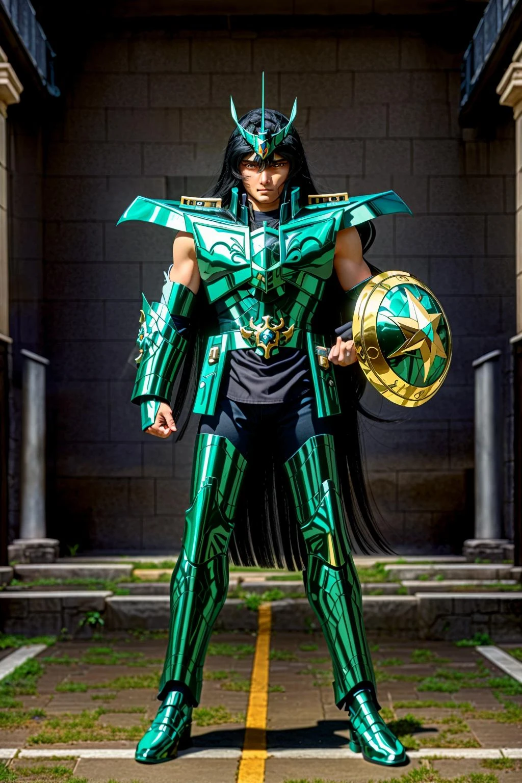 <lora:xxshiryudragonxx_v1:1> xxshiryudragonxx
masterpiece, highly detailed photorealistic 8k raw photo, best cinematic quality, volumetric lighting and shadows
very long black hair man, armor, black eyes, shield, standing, (saintcloth:1.2)
(alleyway background:1.1)
