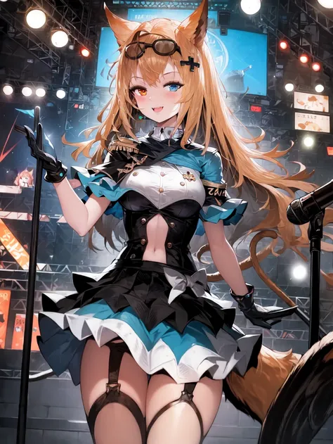 masterpiece, best quality, <lora:alc2-000003:1>,1girl, animal_ears, bloomers, blue_eyes, blush, cat_ears, cat_tail, checkered, checkered_floor, gloves, hair_ornament, heterochromia, etterboxed, long_hair, looking_at_viewer, microphone, open_mouth, outstretched_arm, pillarboxed, skirt, smile, solo, stage, tail, underwear, very_long_hair, weapon, white_gloves, white_skirt