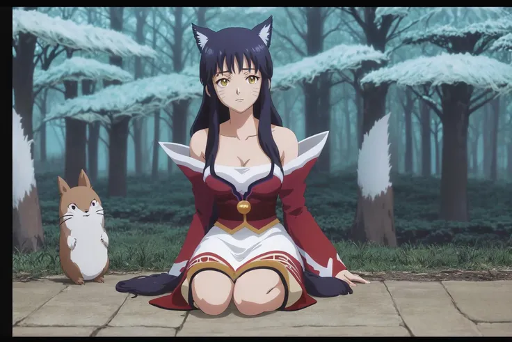 (4k, anime screencap, ghibli, absurdres, film grain, high quality:1.3), ahri, fox ears, multiple tails, korean clothes, detached sleeves, (yellow eyes, whisker markings), beautiful, wariza sitting, full body, forest, cleavage, high contrast, night <lora:ahri2:1>
