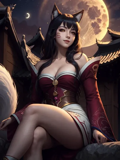 (4k, absurdres, hyperrealistic, high quality), ahri, fox ears, multiple tails, korean clothes, detached sleeves, (yellow eyes, whisker markings), beautiful, sitting, full moon, crossed legs, from below, cleavage, high contrast, night <lora:ahri2:0.9>