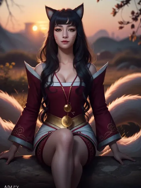 (4k, absurdres, hyperrealistic, high quality), ahri, fox ears, multiple tails, korean clothes, detached sleeves, (yellow eyes, whisker markings), beautiful, cleavage <lora:ahri2:1>