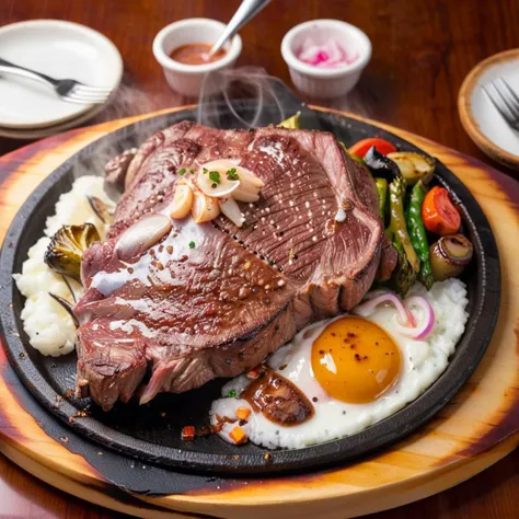 Generate a realistic image of a sizzling steak meal on a hot iron plate, covered with a generous amount of pink Himalayan salt and garlic cloves. The steak is perfectly cooked, with steam rising from it. Accompanying the steak are side dishes like grilled vegetables, mashed potatoes, and a small serving of sauce. The scene captures the mouthwatering appeal and the vibrant colors of the meal, with the steam adding a sense of warmth and freshness <lora:twstreetbeef:0.8>