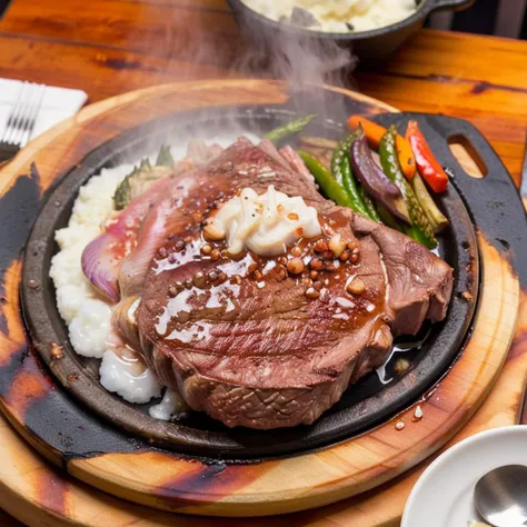 Generate a realistic image of a sizzling steak meal on a hot iron plate, covered with a generous amount of pink Himalayan salt and garlic cloves. The steak is perfectly cooked, with steam rising from it. Accompanying the steak are side dishes like grilled vegetables, mashed potatoes, and a small serving of sauce. The scene captures the mouthwatering appeal and the vibrant colors of the meal, with the steam adding a sense of warmth and freshness <lora:twstreetbeef:0.8>