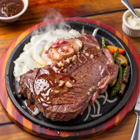 Generate a realistic image of a sizzling steak meal on a hot iron plate, covered with a generous amount of pink Himalayan salt and garlic cloves. The steak is perfectly cooked, with steam rising from it. Accompanying the steak are side dishes like grilled vegetables, mashed potatoes, and a small serving of sauce. The scene captures the mouthwatering appeal and the vibrant colors of the meal, with the steam adding a sense of warmth and freshness <lora:twstreetbeef:0.8>