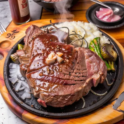 Generate a realistic image of a sizzling steak meal on a hot iron plate, covered with a generous amount of pink Himalayan salt and garlic cloves. The steak is perfectly cooked, with steam rising from it. Accompanying the steak are side dishes like grilled vegetables, mashed potatoes, and a small serving of sauce. The scene captures the mouthwatering appeal and the vibrant colors of the meal, with the steam adding a sense of warmth and freshness <lora:twstreetbeef:0.8>