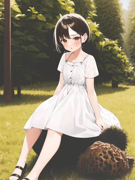 1girl, short hair, white dress, sitting,mushroom forest, <lora:Morchella-000013:1>, masterpiece, best quality,
